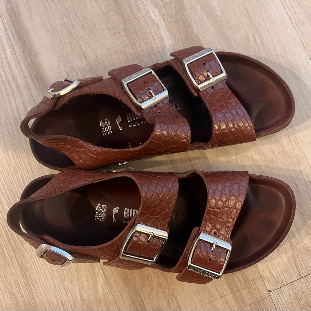 Birkenstock Textured Brown Sandals with Silver Buckles